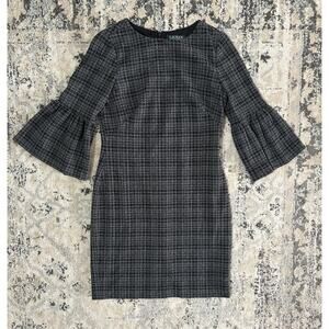 Ralph Lauren Women’s Gray Black Plaid Knit Dress Knee Length Bell Sleeves Size 4